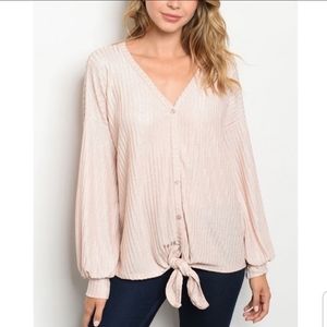 Pretty Pink Button Up Long Sleeve Twist Tie V Neck Shirt